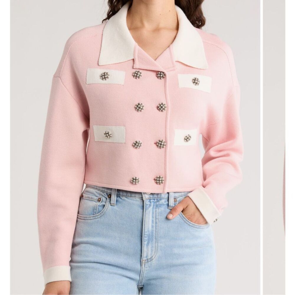 Alice + Olivia Verdell Wool-Blend Sweater Jacket Women's Pink Size M Nwt